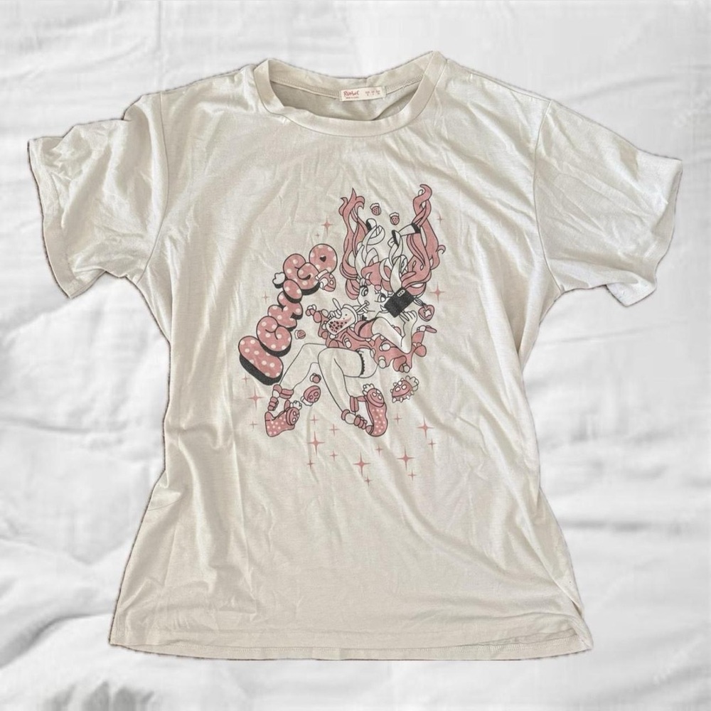 ROMWE Cream Pink Graphic Fitted Tee